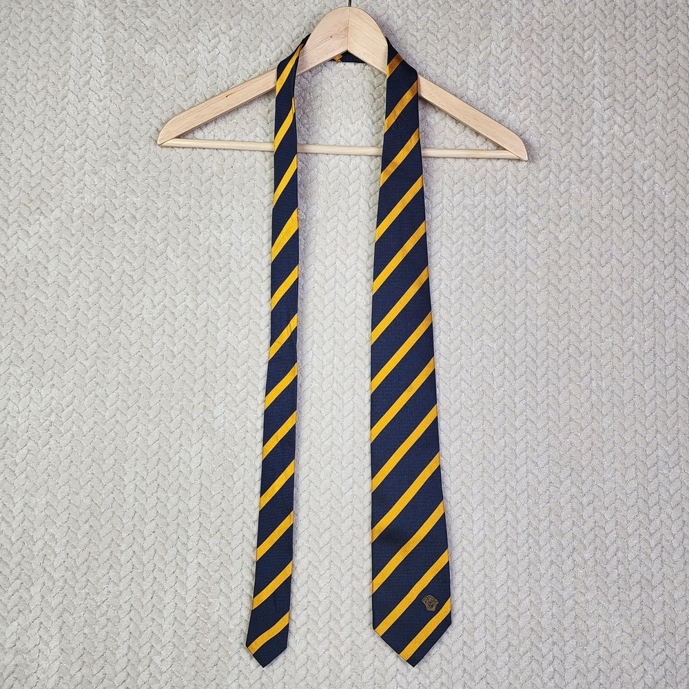 Gianni Versace Striped Navy Blue Gold Black Medusa 100% Silk Tie